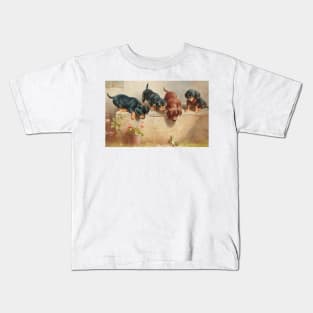 Curious Dachshund Puppies and a Frog by Carl Reichert Kids T-Shirt